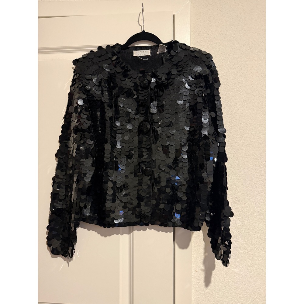 Vintage Express Tricot Black Sequin Cardigan Paillette Knit Sweater Medium